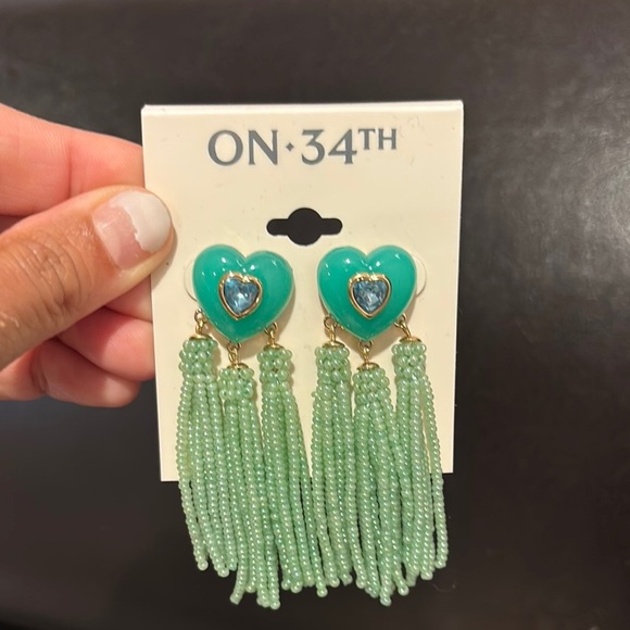 Green Heart Tassel Earrings with Beaded Strands - Picture 1 of 3
